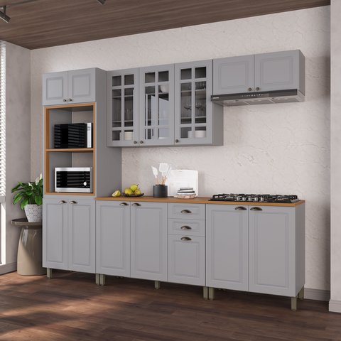Cozinha Modulada 5 Peças 1 Torre Quente 2 Balcão com Tampo 2 Aéreos 100% MDF com Vidro Bari Cinza/Titanio Fosco