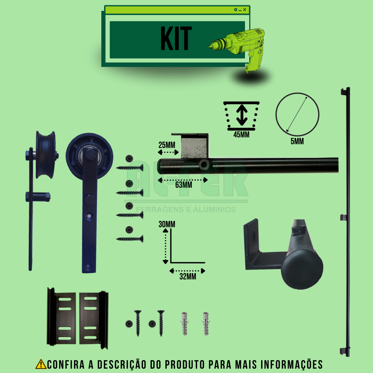 Kit para Porta até 70cm Roldana Aparente Tubular Preto - 1,40m - 3