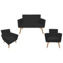 Ver imagem 1 de Kit Namoradeira + 2 Poltronas Decorativa Nina Capitonê Suede Preto Pés Madeira Ms Decor