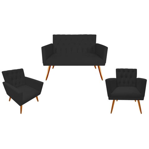 Kit Namoradeira + 2 Poltronas Decorativa Nina Capitonê Suede Preto Pés Madeira Ms Decor