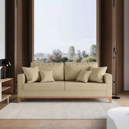 Sofá 3 Lugares Beny Base em Madeira Maciça Recepção Linho Bege Kimi Design - 4