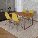 Ver imagem 1 de Mesa Industrial Base Ferro Cobre Tampo 137x90 Canela 4 Cadeiras Ferro Cobre Assento Amarelo