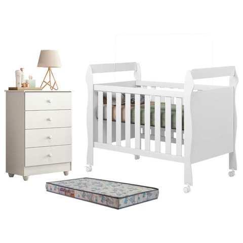 Berço Americano Soninho com Gaveteiro Soft Branco Acetinado Colchão Americano Sleep - Tigus
