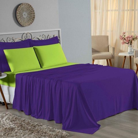 Jogo Cama King Nobre 4 Peças Lençol Elástico 30cm Altura 100% Algodão Roxo Pistache