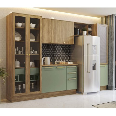 Armário de Cozinha Modulada Completa Reta 6 Peças 3,30m Botanic Kappesberg - Nogueira/verde Oliva
