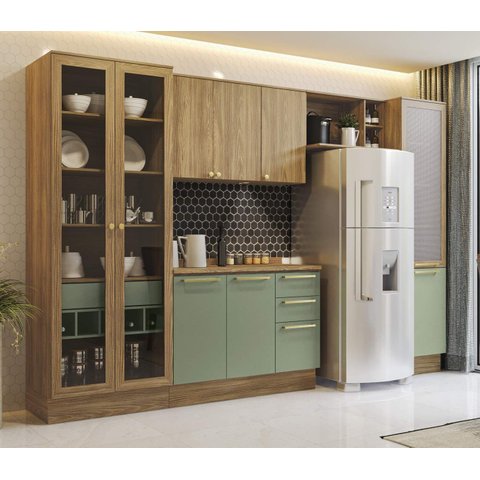 Armário de Cozinha Modulada Completa Reta 6 Peças 3,30m Botanic Kappesberg - Nogueira/Verde Oliva