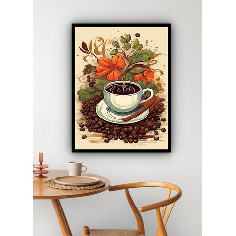 Quadro Decorativo Xícara de Café com Flores - 70x50cm:moldura Preta