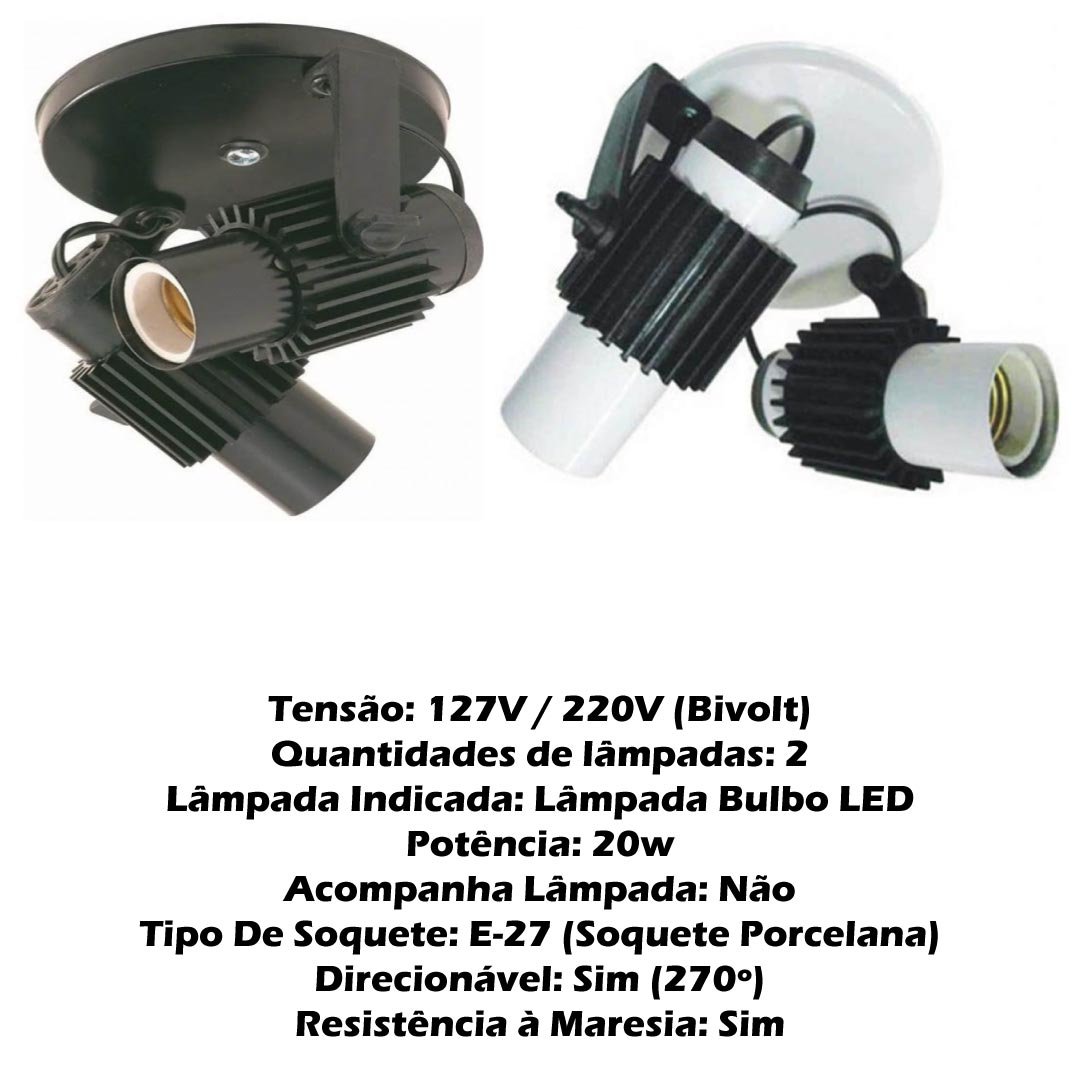 Kit 08 Spot Luminaria Bivolt Branco Duplo para Teto ou Parede para Duas