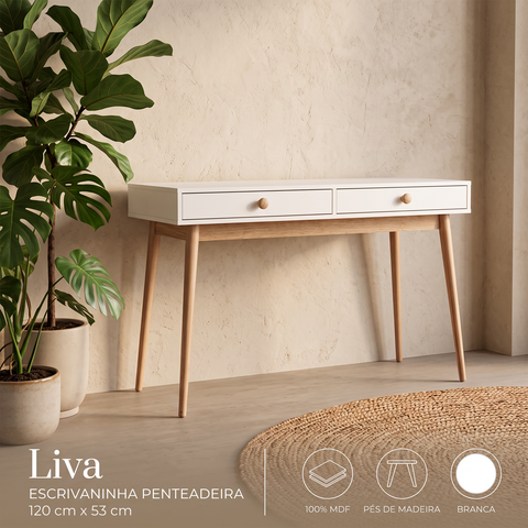 Escrivaninha Penteadeira Liva 2 Gavetas 100% MDF Pés de Madeira 120 cm X 53 cm Branca