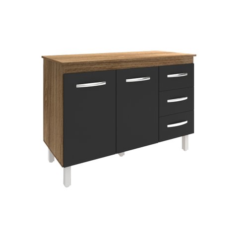 Balcão Gabinete para Pia 118 Cm Cozinha Bruna Savana Preto com Tampo Tampão 120 Cm Savana