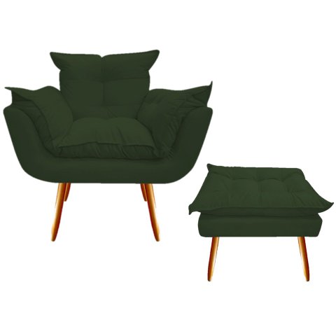 Kit Poltrona + Puff Decorativo Opala Suede Verde Pés Madeira Ms Decor