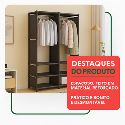 Closet Aberto 2 Colunas Aço Guarda Roupas Desmontável Portátil Prático com Sapateira Embutida - 2