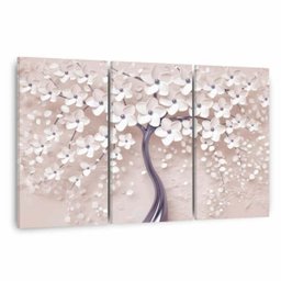 Quadro Árvore Flores Cerejeira para Sala Quarto Hall Mosaico 3 Peças em Tecido - 1