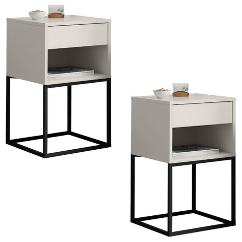 Kit 02 Mesas de Cabeceira Industrial Pé de Aço 1 Gaveta 1 Nicho - Off White/pé Preto - Lh Móveis