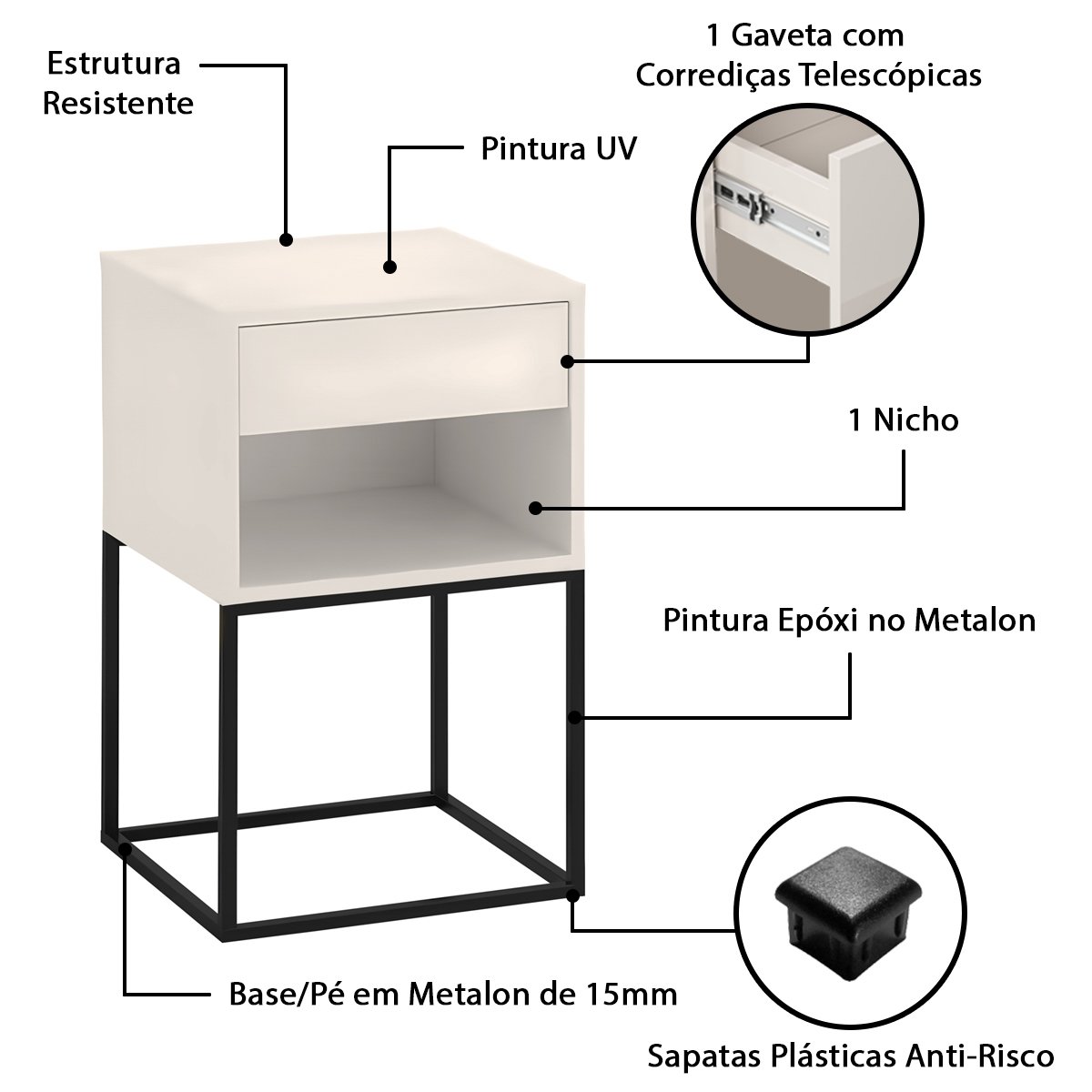 Kit 02 Mesas de Cabeceira Industrial Pé de Aço 1 Gaveta 1 Nicho - Off White/pé Preto - 5