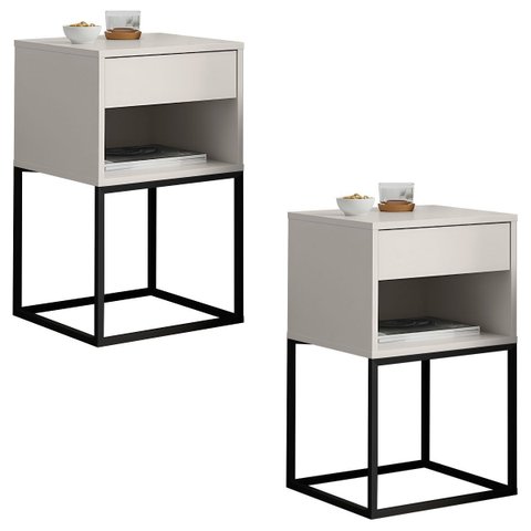 Kit 02 Mesas de Cabeceira Industrial Pé de Aço 1 Gaveta 1 Nicho - Off White/pé Preto - Lh Móveis