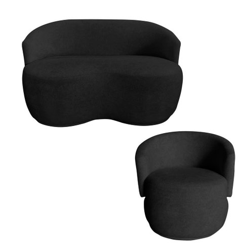 Kit Namoradeira + Poltrona Decorativa Beatriz Orgânica Couro Preto