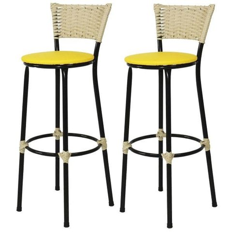 Kit 2 Banquetas Bistrô Aço Junco Marfim Assento Amarelo