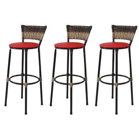 Kit 3 Banquetas Bistrô Aço Junco Sintetico Degrade Assento Vermelho