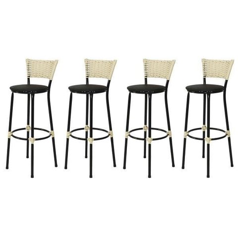 Kit 4 Banquetas Bistrô Aço Junco Marfim Assento Preto