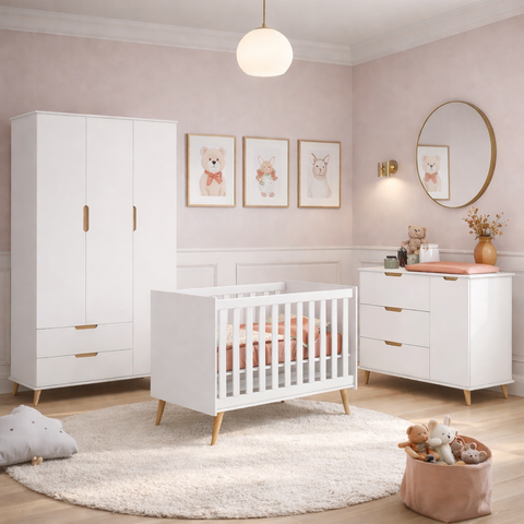 Quarto de Bebê Completo Retrô Berço 3 em 1 Cômoda Guarda Roupa Melinda