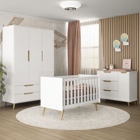 Quarto de Bebê Completo Retrô Berço 3 em 1 Cômoda Guarda Roupa Melinda