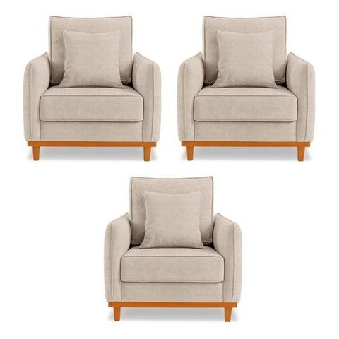 Kit 3 Poltronas Belga Estofada com Base de Madeira Boucle Bege Bz Home Decor