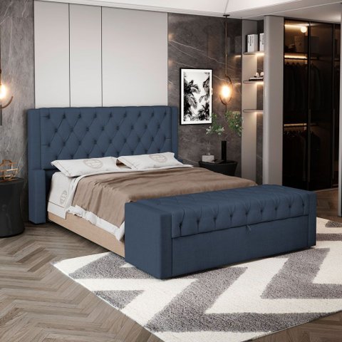 Cabeceira e Calçadeira Báu Queen Size Atena 160cm Capitonê Linho Azul - Abmaza