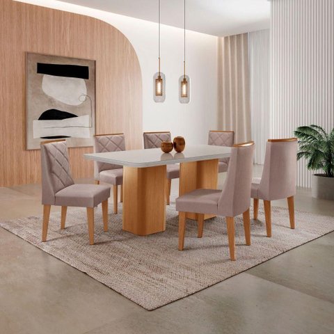Mesa de Jantar Eloise 180cm Tampo Mdf com Vidro 6 Cadeiras Linho Capuccino Off White Naturale