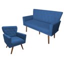 Ver imagem 1 de Kit Namoradeira + 1 Poltrona Decorativa Aurora Suede Azul Marinho Pés Madeira Ms Decor