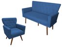 Ver imagem 1 de Kit Namoradeira + 1 Poltrona Decorativa Aurora Suede Azul Marinho Pés Madeira Ms Decor