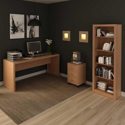 Kit para Escritório com Mesa Gaveteiro e Estante 5 Nichos Am Cor:amêndoa