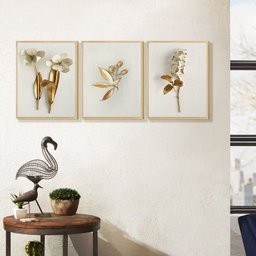 Trio de Quadros Decorativos Flores Brancas com Moldura Sala - 2