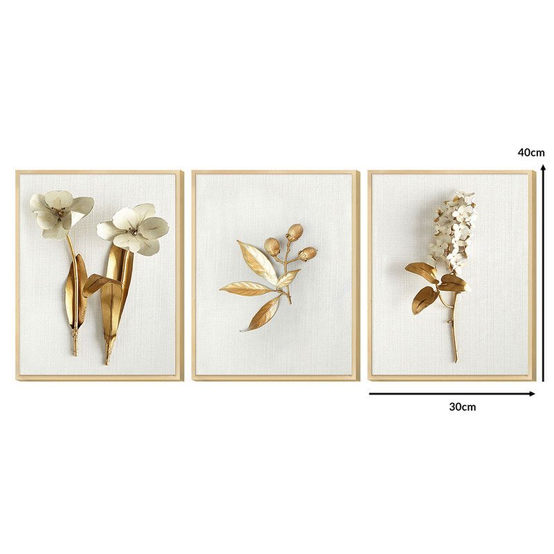 Trio de Quadros Decorativos Flores Brancas com Moldura Sala - 4