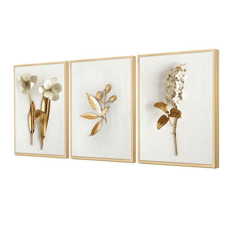 Trio de Quadros Decorativos Flores Brancas com Moldura Sala - 1