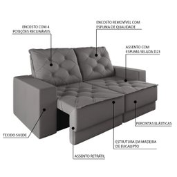 Sofá Retrátil e Reclinável 3 Lugares 1,80m Verona Suede Cinza Mamflex - 4