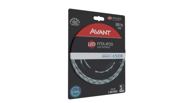 Fita de Led 5 metros 8W + Fonte Bivolt Marca AVANT Original - Branco Frio