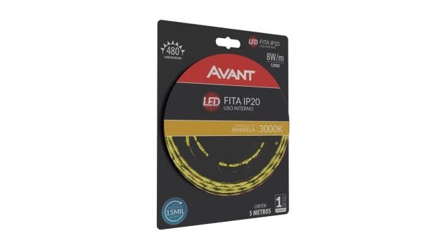 Fita de Led 5 metros 8W + Fonte Bivolt Marca AVANT Original - Branco Frio - 2