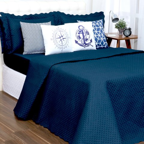 Kit Cobreleito e Lençol Liberty Queen com Almofadas 8 Peças:azul