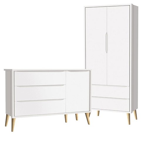 Guarda Roupa 2 Portas e Cômoda com Porta Theo Branco Fosco Pés Madeira Natural - Reller Móveis