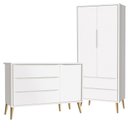 Ver imagem 1 de Guarda Roupa 2 Portas e Cômoda com Porta Theo Branco Fosco Pés Madeira Natural - Reller Móveis
