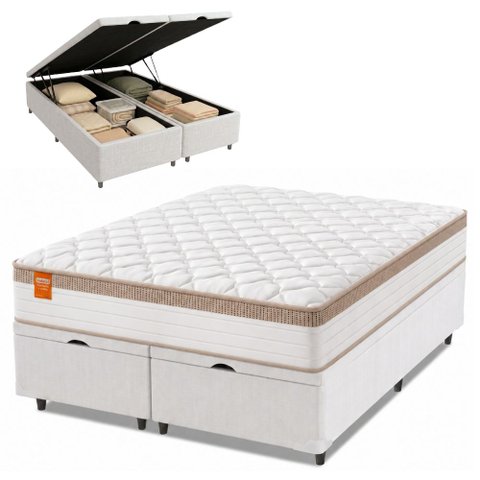 Cama Box Baú Colchão Casal Queen Molas Ensacadas Real 158x198x68cm Branco / Bege Inducol