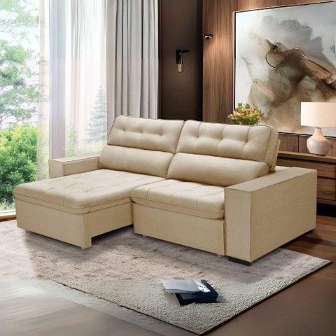 Sofa Retratil Reclinavel 2 Lugares 2,40 Vitória Veludo Bege Lansofbr