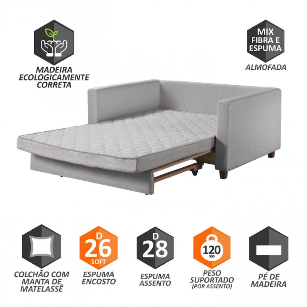 Sofá Cama Casal Marcele 2 Lugares 150cm Linho Pé de Madeira - Talento Móveis - 5