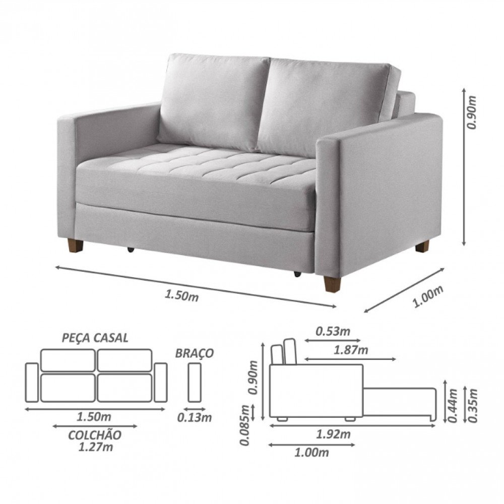 Sofá Cama Casal Marcele 2 Lugares 150cm Linho Pé de Madeira - Talento Móveis - 4