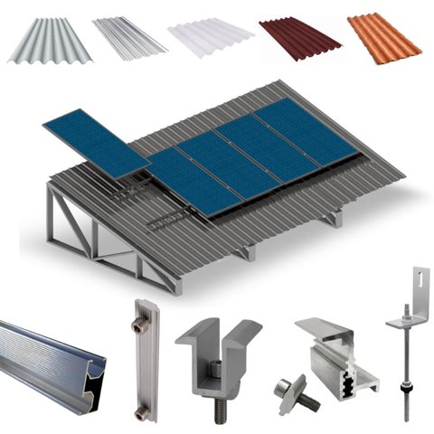 Kit Estrutura Fixador Linha C 1,20m para 5 Placas Solar Alumínio Inox Telha Fibro Ondulada Viga Metá