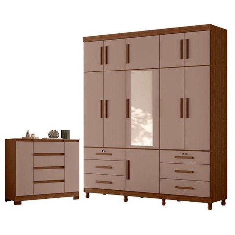 Guarda Roupa Casal Triton Plus 11 Portas de Bater 6 Gavetas MDP com Espelho Cômoda Sapateira