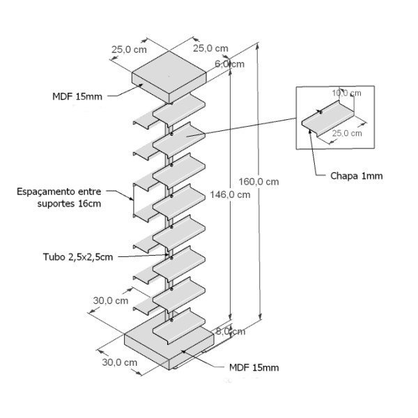 Expositor de Calçados com 1 Coluna e 15 Suportes Chapa Screw Comac Preto - 2