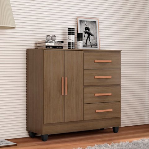 Cômoda 04 Gavetas 02 Portas Lite com Pés - Carvalho Oak Móveis Leão