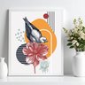 Quadro Moderno Pássaro com Flor - Geométrico 33x24cm - com Vidro:moldura Branca - 1